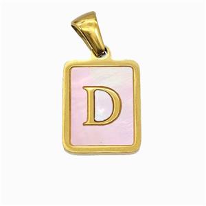 Stainless Steel Rectangle Pendant Pave Pink Shell Letter-D Gold Plated, approx 12-15mm