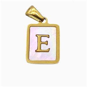 Stainless Steel Rectangle Pendant Pave Pink Shell Letter-E Gold Plated, approx 12-15mm