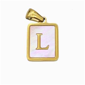 Stainless Steel Rectangle Pendant Pave Pink Shell Letter-L Gold Plated, approx 12-15mm