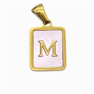 Stainless Steel Rectangle Pendant Pave Pink Shell Letter-M Gold Plated, approx 12-15mm