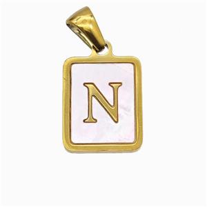 Stainless Steel Rectangle Pendant Pave Pink Shell Letter-N Gold Plated, approx 12-15mm