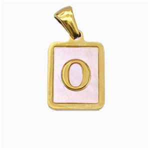 Stainless Steel Rectangle Pendant Pave Pink Shell Letter-O Gold Plated, approx 12-15mm