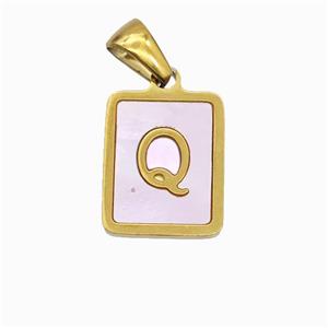 Stainless Steel Rectangle Pendant Pave Pink Shell Letter-Q Gold Plated, approx 12-15mm