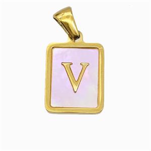 Stainless Steel Rectangle Pendant Pave Pink Shell Letter-V Gold Plated, approx 12-15mm