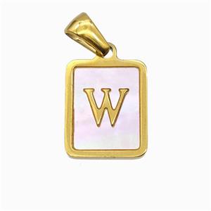 Stainless Steel Rectangle Pendant Pave Pink Shell Letter-W Gold Plated, approx 12-15mm