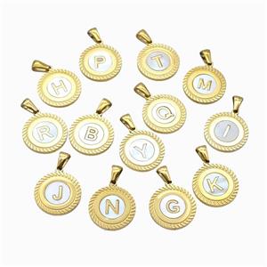 Stainless Steel Letter Pendant Pave Shell Mix Alphabet Gold Plated, approx 18mm