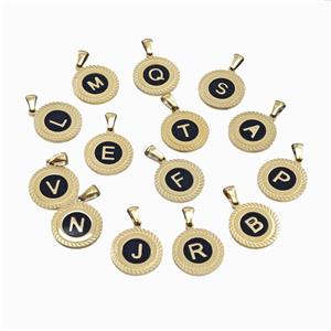 Stainless Steel Letter Pendant Pave Black Shell Mix Alphabet Gold Plated, approx 18mm