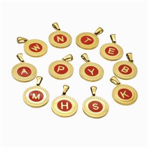 Stainless Steel Letter Pendant Pave Red Shell Mix Alphabet Gold Plated, approx 18mm