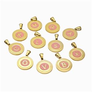 Stainless Steel Letter Pendant Pave Pink Shell Mix Alphabet Gold Plated, approx 18mm