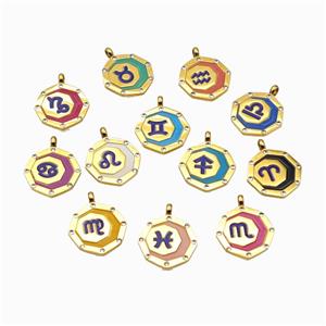 Stainless Steel Zodiac Symbol Pendant Painted Gold Plated Mixed, approx 17mm