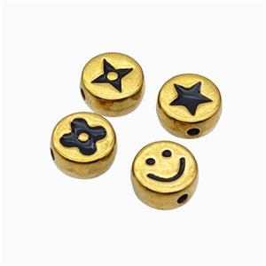 Stainless Steel Symbol Coin Beads Black Enamel Gold Plated Mixed, approx 8mm