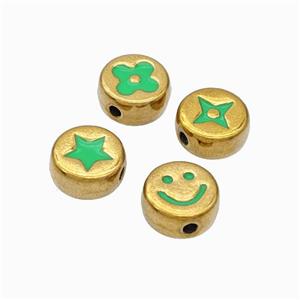 Stainless Steel Symbol Coin Beads Green Enamel Gold Plated Mixed, approx 8mm