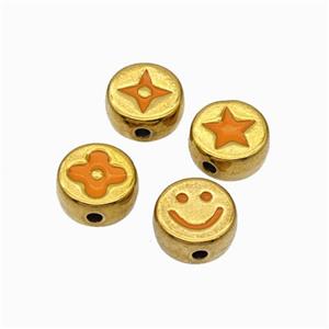 Stainless Steel Symbol Coin Beads Orange Enamel Gold Plated Mixed, approx 8mm