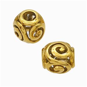 Titanium Steel Round Beads Large Hole Hollow Gold Plated, approx 9-10mm, 4mm hole