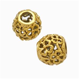 Titanium Steel Round Beads Large Hole Hollow Clover Gold Plated, approx 9-10mm, 4mm hole