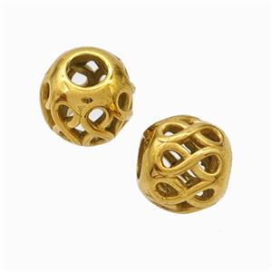 Titanium Steel Round Beads Large Hole Hollow Gold Plated, approx 9-10mm, 4mm hole