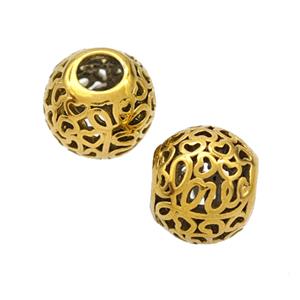 Titanium Steel Round Beads Large Hole Hollow Gold Plated, approx 9-10mm, 4mm hole