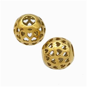 Titanium Steel Round Beads Large Hole Hollow Gold Plated, approx 9-10mm, 4mm hole