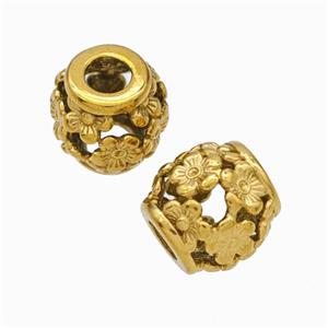 Titanium Steel Barrel Beads Large Hole Hollow Flower Gold Plated, approx 9-10mm, 4mm hole