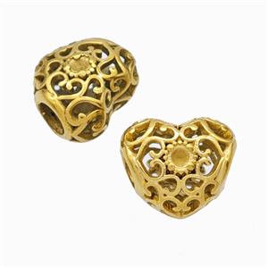 Titanium Steel Heart Beads Large Hole Hollow Gold Plated, approx 12mm, 4mm hole