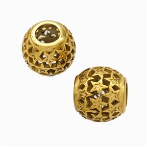 Titanium Steel Round Beads Large Hole Hollow Star Gold Plated, approx 9-10mm, 4mm hole