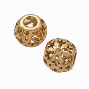 Titanium Steel Round Beads Large Hole Hollow Flower Rose Gold, approx 9-10mm, 4mm hole