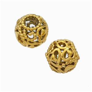 Titanium Steel Round Beads Large Hole Hollow Heart Gold Plated, approx 9-10mm, 4mm hole