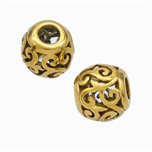 Titanium Steel Round Beads Large Hole Hollow Gold Plated, approx 9-10mm, 4mm hole