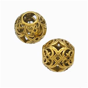 Titanium Steel Round Beads Large Hole Hollow Gold Plated, approx 9-10mm, 4mm hole