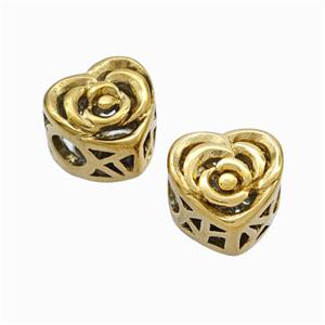 Titanium Steel Heart Beads Large Hole Hollow Gold Plated, approx 10-11mm, 4mm hole