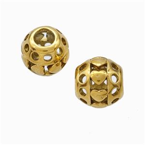 Titanium Steel Round Beads Large Hole Hollow Heart Gold Plated, approx 9-10mm, 4mm hole