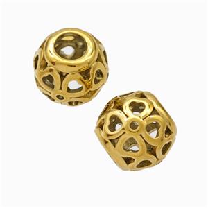 Titanium Steel Round Beads Large Hole Hollow Gold Plated, approx 9-10mm, 4mm hole