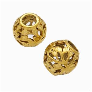 Titanium Steel Round Beads Large Hole Hollow Gold Plated, approx 9-10mm, 4mm hole