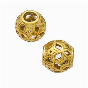 Titanium Steel Round Beads Large Hole Hollow Star Gold Plated, approx 9-10mm, 4mm hole