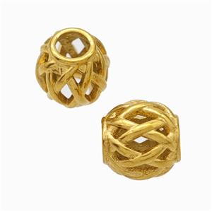 Titanium Steel Round Beads Large Hole Hollow Gold Plated, approx 9-10mm, 4mm hole