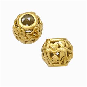 Titanium Steel Round Beads Large Hole Hollow Gold Plated, approx 9-10mm, 4mm hole