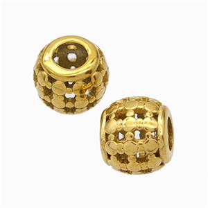 Titanium Steel Round Beads Large Hole Hollow Gold Plated, approx 9-10mm, 4mm hole