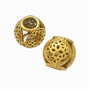 Titanium Steel Round Beads Large Hole Hollow Gold Plated, approx 9-10mm, 4mm hole