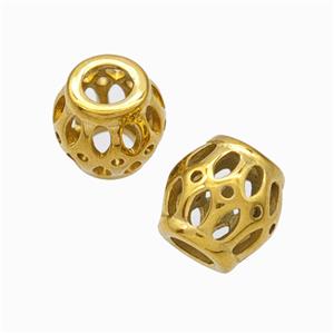 Titanium Steel Barrel Beads Large Hole Hollow Gold Plated, approx 9-10mm, 4mm hole