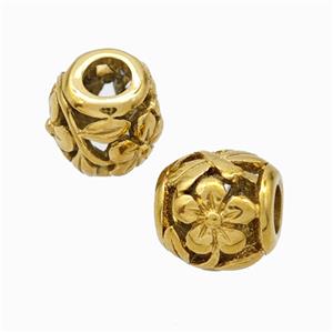 Titanium Steel Barrel Beads Large Hole Hollow Flower Gold Plated, approx 9-10mm, 4mm hole