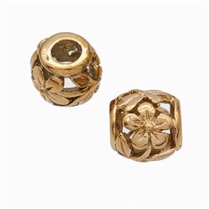 Titanium Steel Barrel Beads Large Hole Hollow Flower Rose Gold, approx 9-10mm, 4mm hole