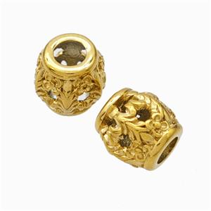 Titanium Steel Barrel Beads Large Hole Hollow Gold Plated, approx 9-10mm, 4mm hole