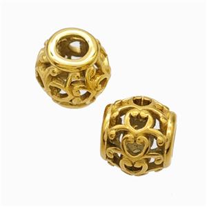 Titanium Steel Round Beads Large Hole Hollow Gold Plated, approx 9-10mm, 4mm hole