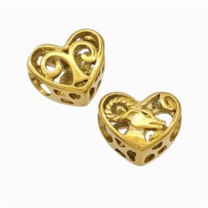 Titanium Steel Heart Beads Zodiac Aries Large Hole Hollow Gold Plated, approx 12mm, 4mm hole