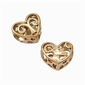 Titanium Steel Heart Beads Zodiac Aries Large Hole Hollow Rose Gold, approx 12mm, 4mm hole