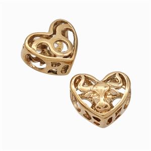 Titanium Steel Heart Beads Zodiac Taurus Large Hole Hollow Rose Gold, approx 12mm, 4mm hole