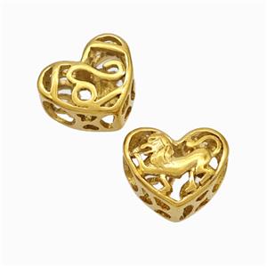 Titanium Steel Heart Beads Zodiac Leo Large Hole Hollow Gold Plated, approx 12mm, 4mm hole