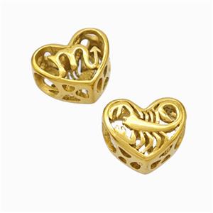 Titanium Steel Heart Beads Zodiac Scorpio Large Hole Hollow Gold Plated, approx 12mm, 4mm hole