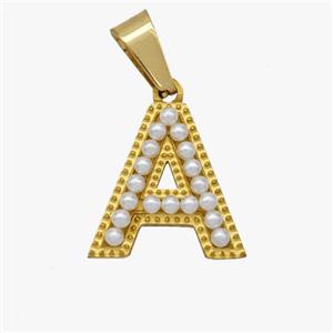 Stainless Steel Pendant Pave Pearlized Resin Letter-A Gold Plated, approx 10-15mm