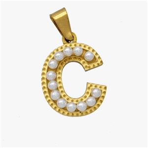 Stainless Steel Pendant Pave Pearlized Resin Letter-C Gold Plated, approx 10-15mm